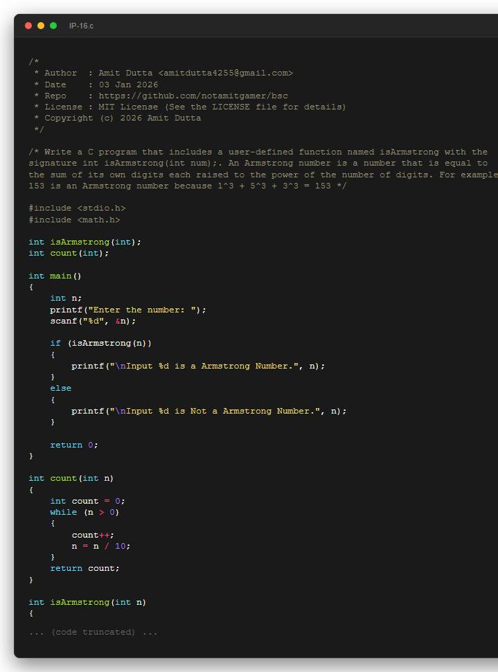 Write a C program that includes a user-defined function named isArmstrong with the  signature int isArmstrong(int num);. An Armstrong number is a number that is equal to  the sum of its own digits each raised to the power of the number of digits. For example,  153 is an Armstrong number because 1^3 + 5^3 + 3^3 = 153
